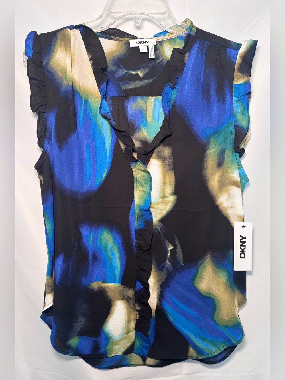 DKNY Ruffled Cap Sleeve Blouse Abstract Print Size Large